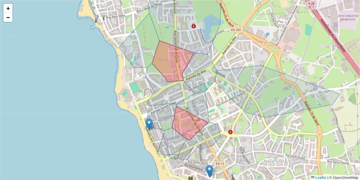 Mapa detalhado do código postal 4490-641 com limites, códigos postais vizinhos e agências dos correios