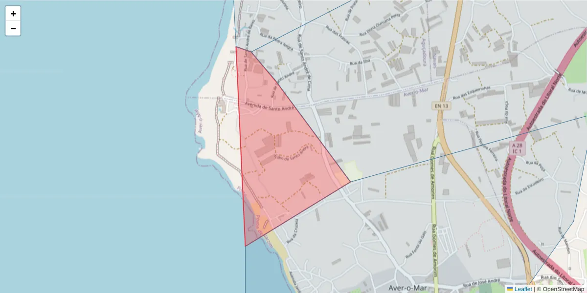 Mapa detalhado do código postal 4495-039 com limites, códigos postais vizinhos e agências dos correios