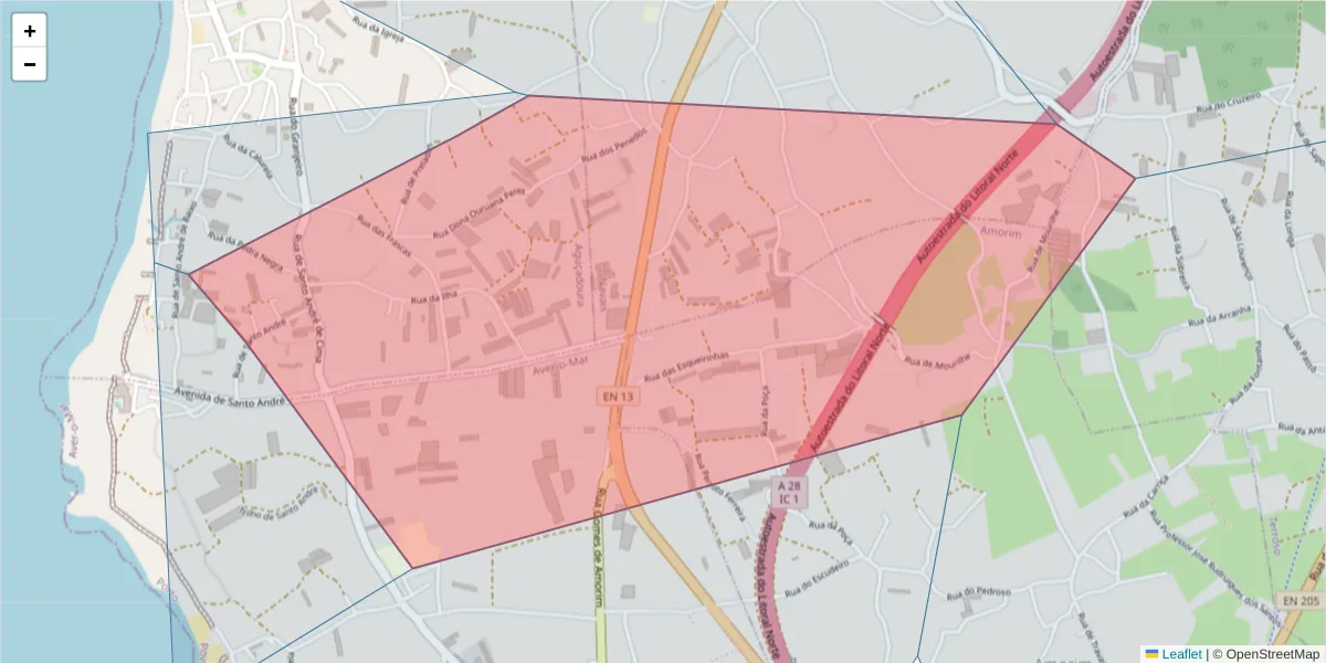 Mapa detalhado do código postal 4495-040 com limites, códigos postais vizinhos e agências dos correios