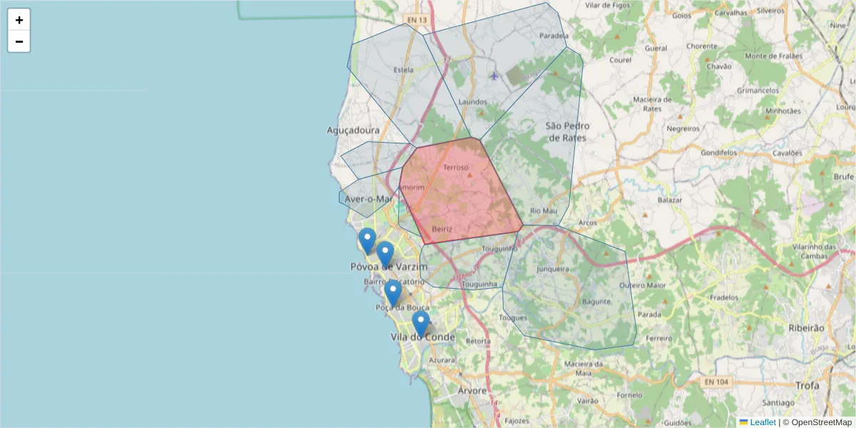 Mapa detalhado do código postal 4495-121 com limites, códigos postais vizinhos e agências dos correios