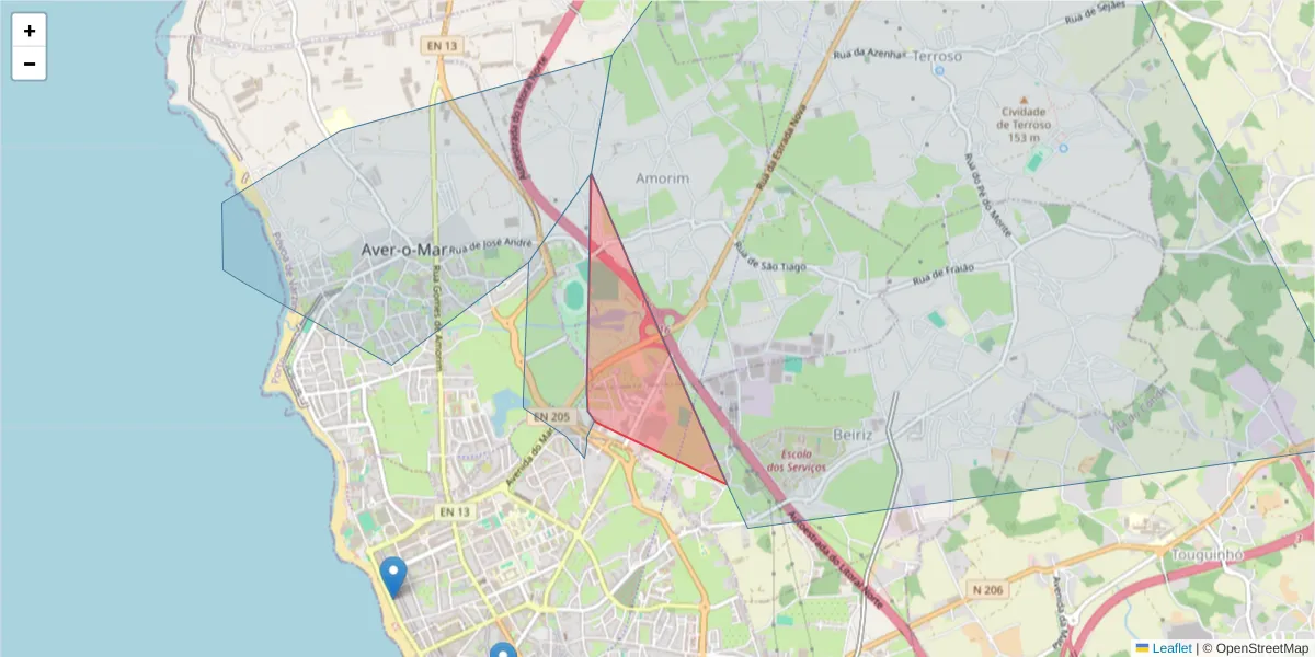 Mapa detalhado do código postal 4495-252 com limites, códigos postais vizinhos e agências dos correios