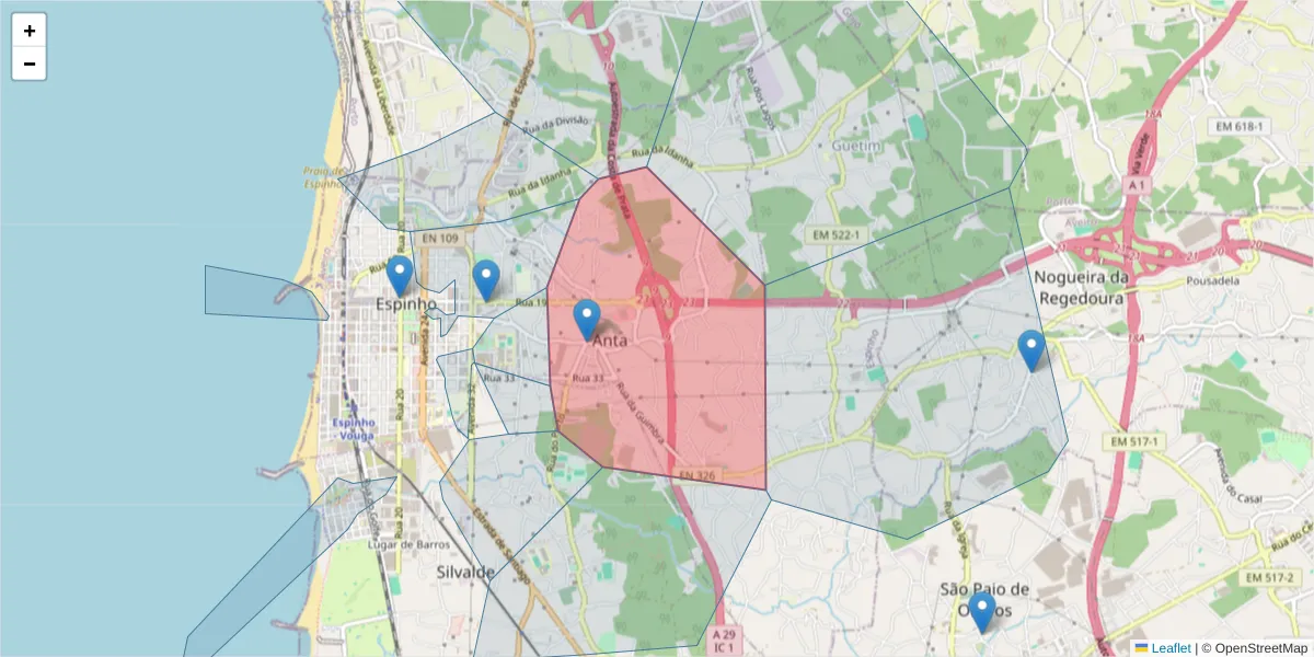 Mapa detalhado do código postal 4500-054 com limites, códigos postais vizinhos e agências dos correios