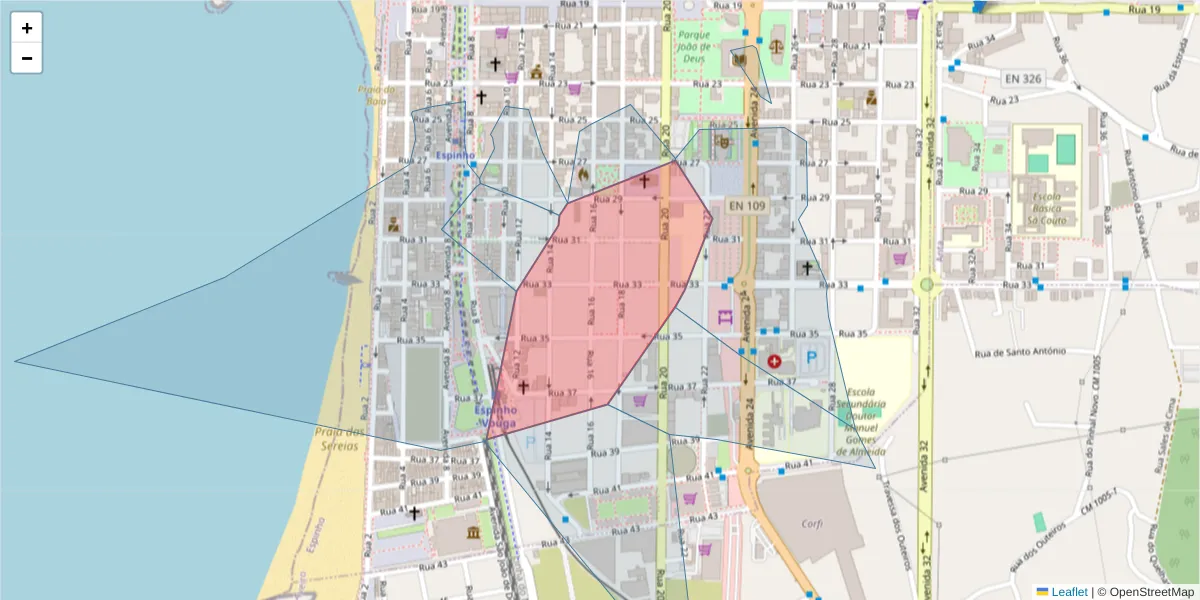Mapa detalhado do código postal 4500-187 com limites, códigos postais vizinhos e agências dos correios