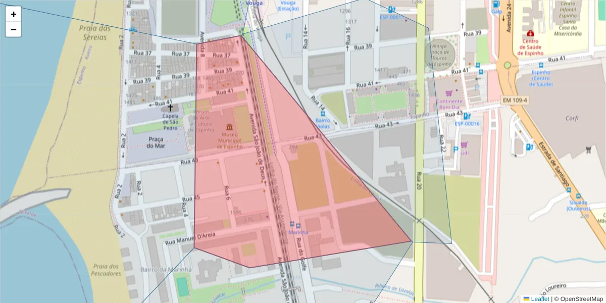 Mapa detalhado do código postal 4500-195 com limites, códigos postais vizinhos e agências dos correios