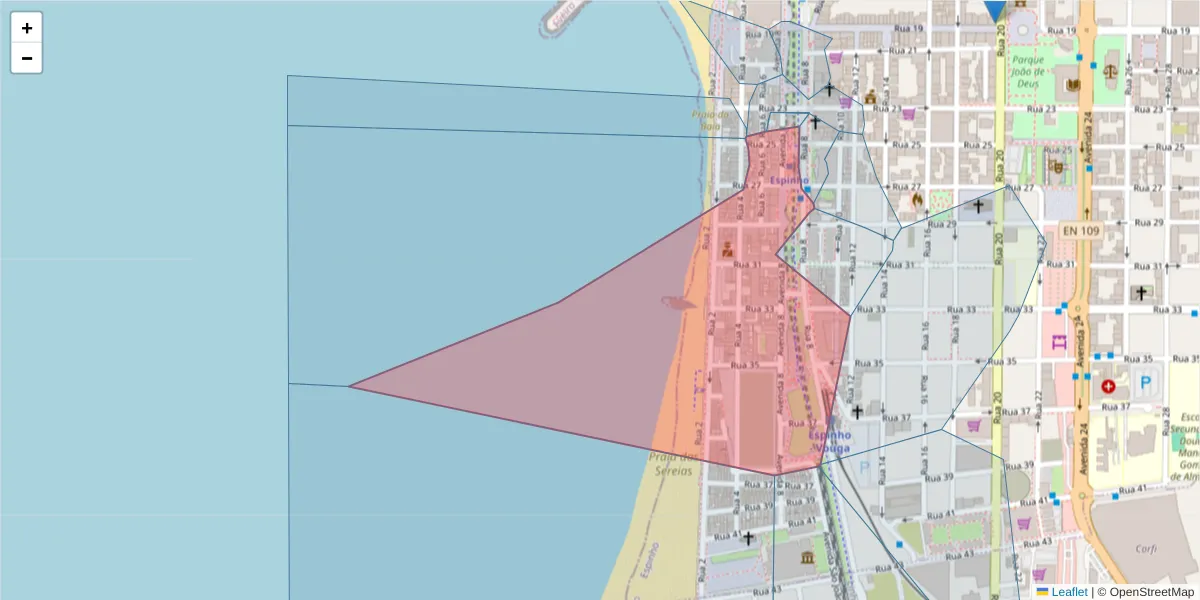 Mapa detalhado do código postal 4500-207 com limites, códigos postais vizinhos e agências dos correios
