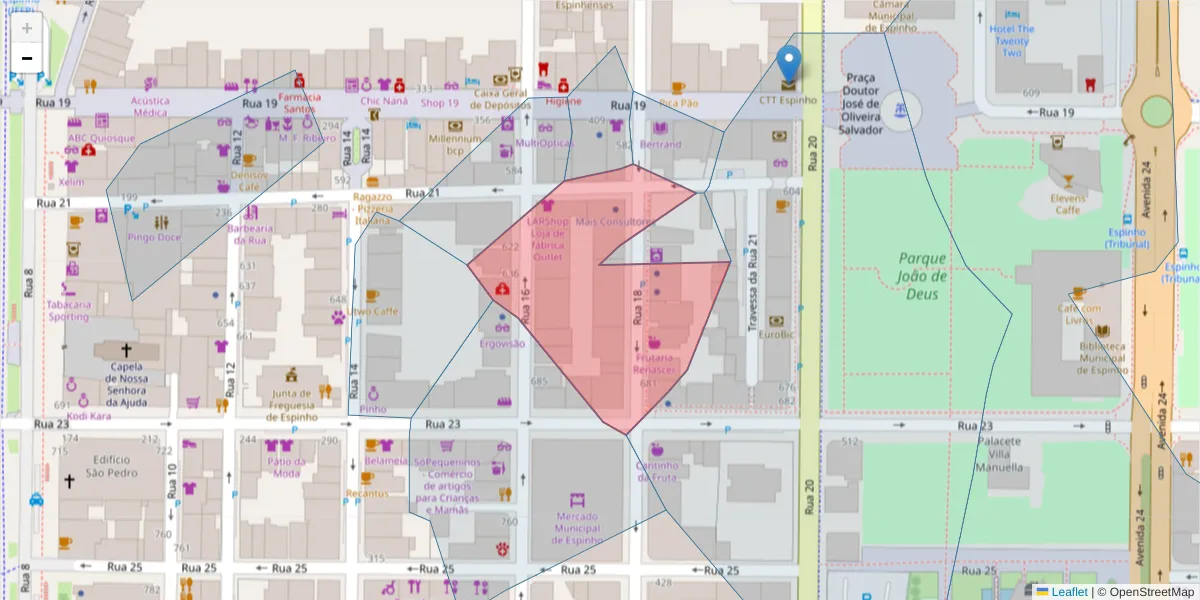 Mapa detalhado do código postal 4500-245 com limites, códigos postais vizinhos e agências dos correios