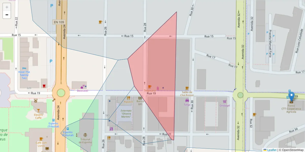 Mapa detalhado do código postal 4500-254 com limites, códigos postais vizinhos e agências dos correios