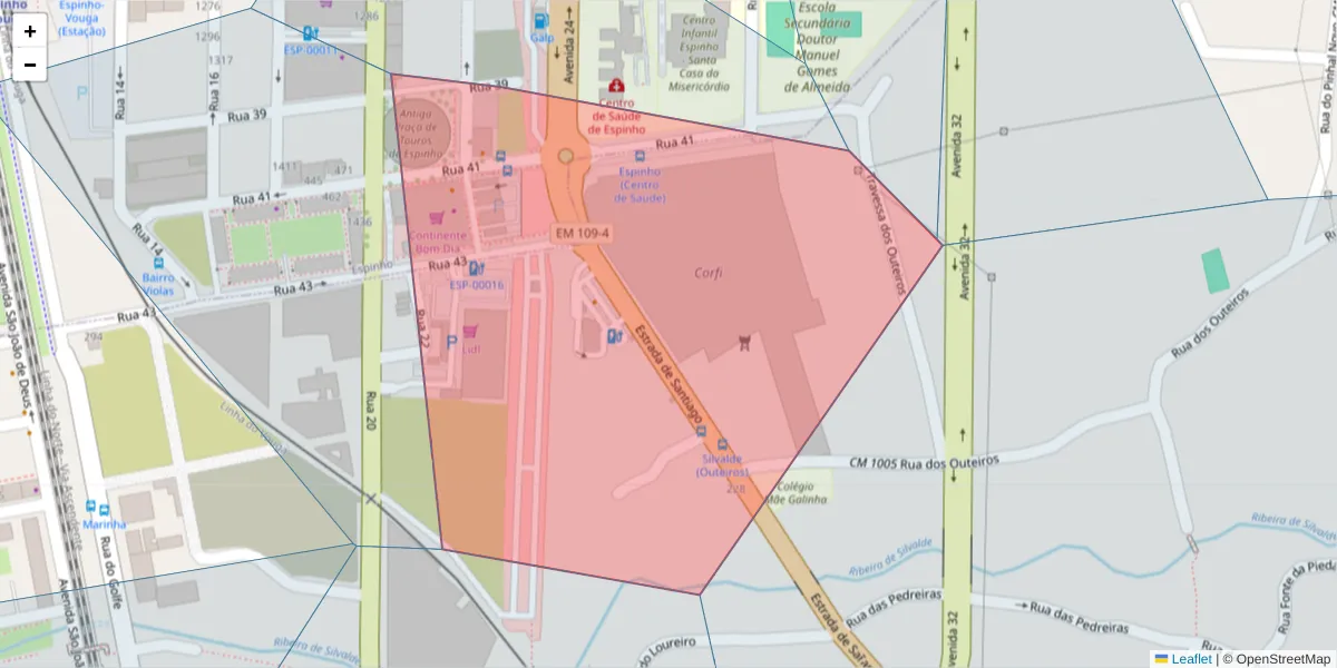 Mapa detalhado do código postal 4500-268 com limites, códigos postais vizinhos e agências dos correios