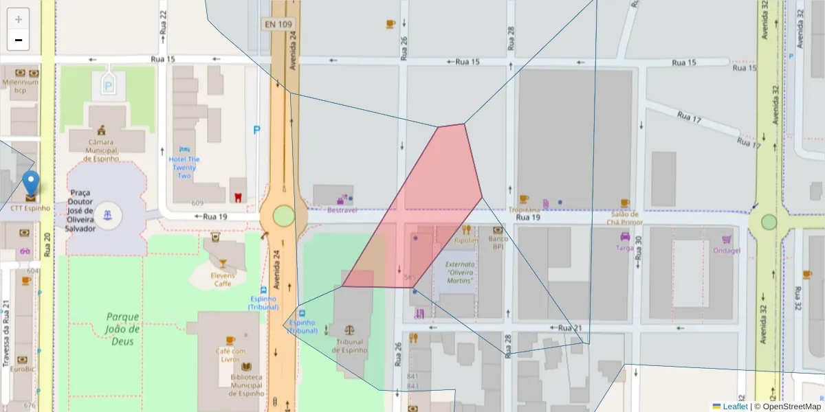 Mapa detalhado do código postal 4500-282 com limites, códigos postais vizinhos e agências dos correios