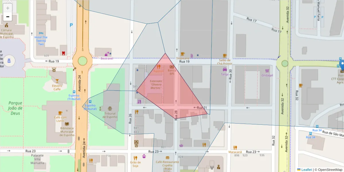 Mapa detalhado do código postal 4500-292 com limites, códigos postais vizinhos e agências dos correios