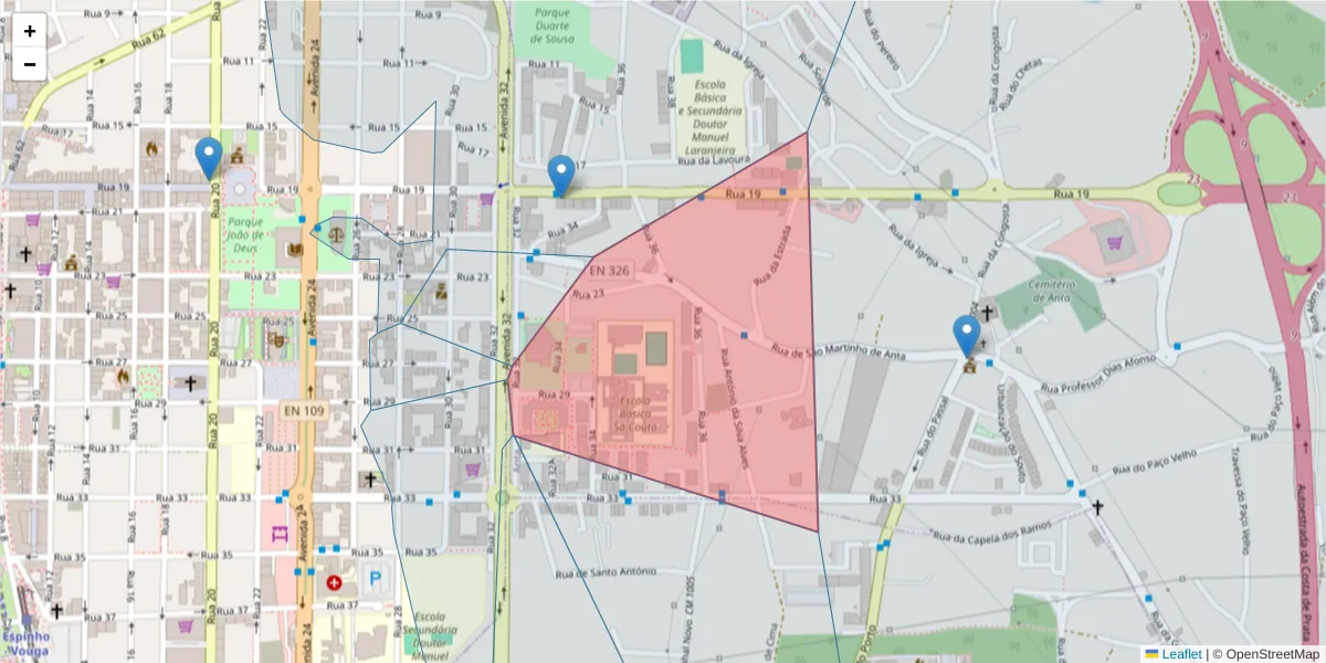 Mapa detalhado do código postal 4500-318 com limites, códigos postais vizinhos e agências dos correios