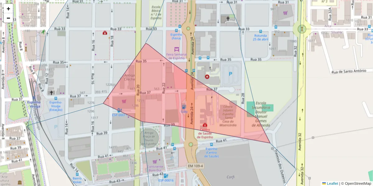 Mapa detalhado do código postal 4500-329 com limites, códigos postais vizinhos e agências dos correios