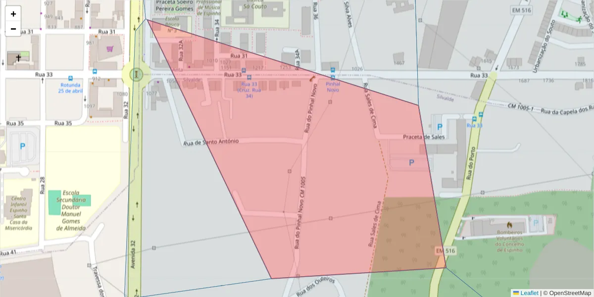 Mapa detalhado do código postal 4500-671 com limites, códigos postais vizinhos e agências dos correios
