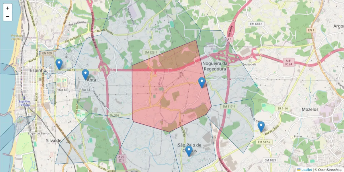 Mapa detalhado do código postal 4500-734 com limites, códigos postais vizinhos e agências dos correios