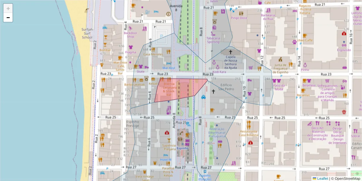 Mapa detalhado do código postal 4500-802 com limites, códigos postais vizinhos e agências dos correios