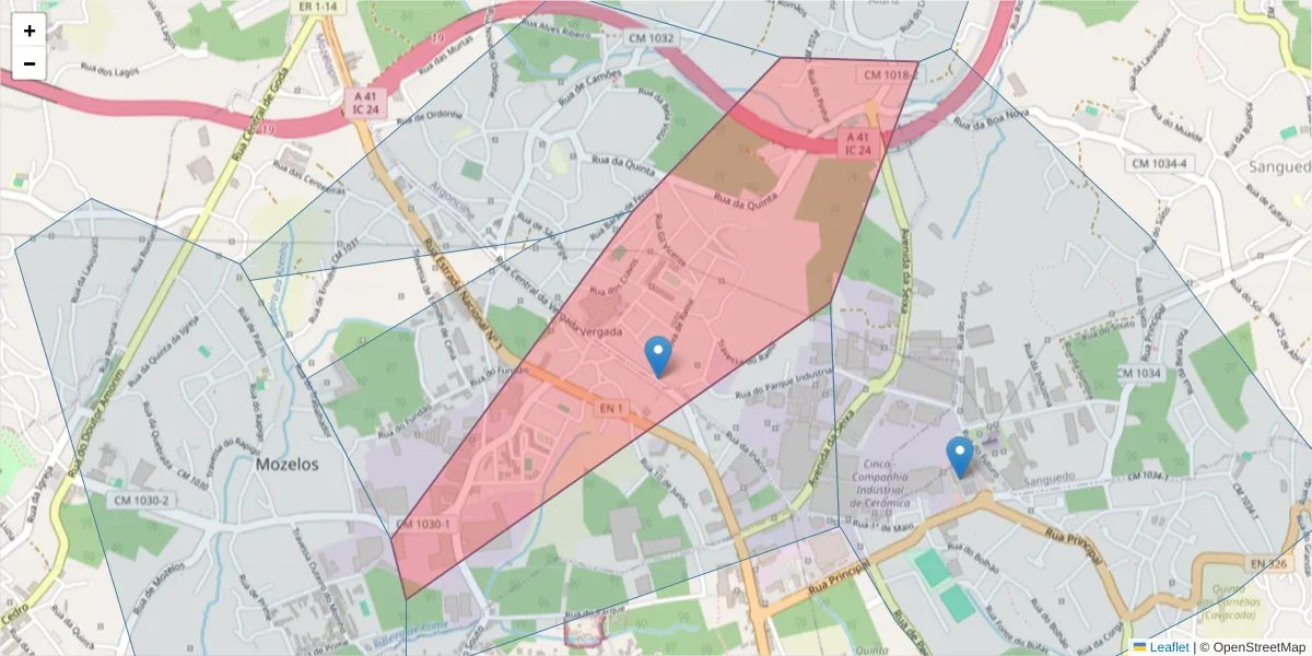 Mapa detalhado do código postal 4505-028 com limites, códigos postais vizinhos e agências dos correios