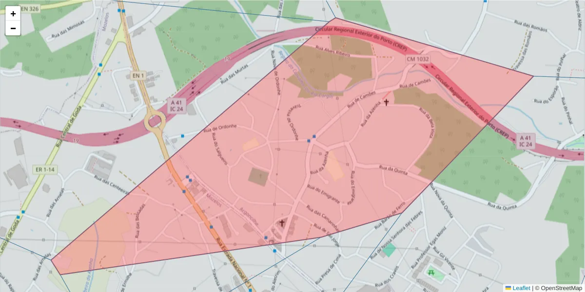 Mapa detalhado do código postal 4505-203 com limites, códigos postais vizinhos e agências dos correios