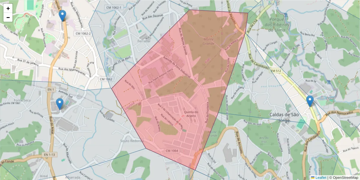 Mapa detalhado do código postal 4505-222 com limites, códigos postais vizinhos e agências dos correios