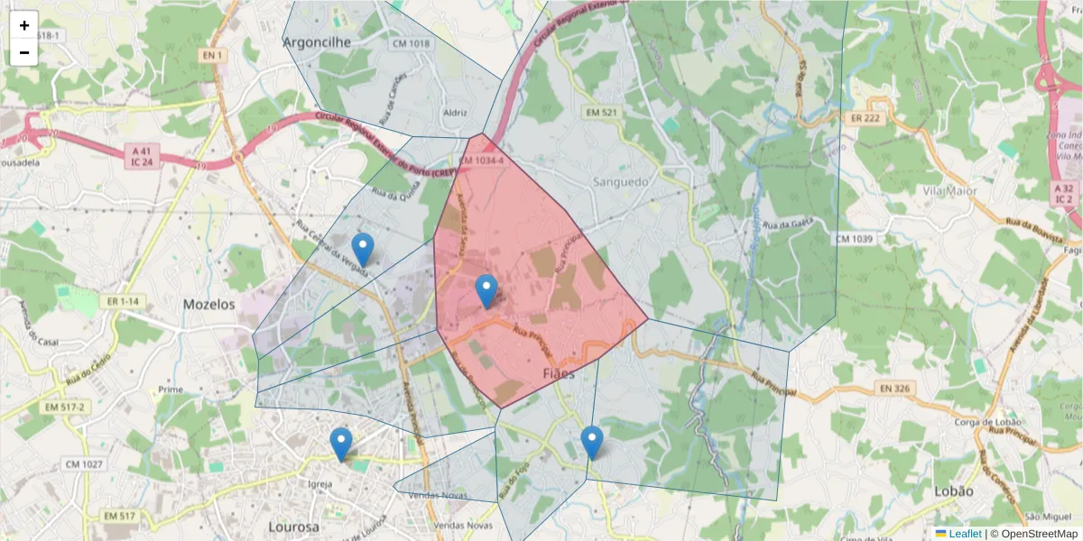 Mapa detalhado do código postal 4505-374 com limites, códigos postais vizinhos e agências dos correios