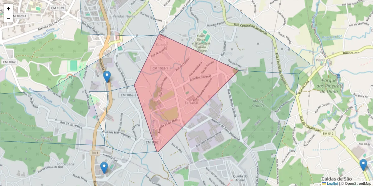Mapa detalhado do código postal 4505 com limites, códigos postais vizinhos e agências dos correios