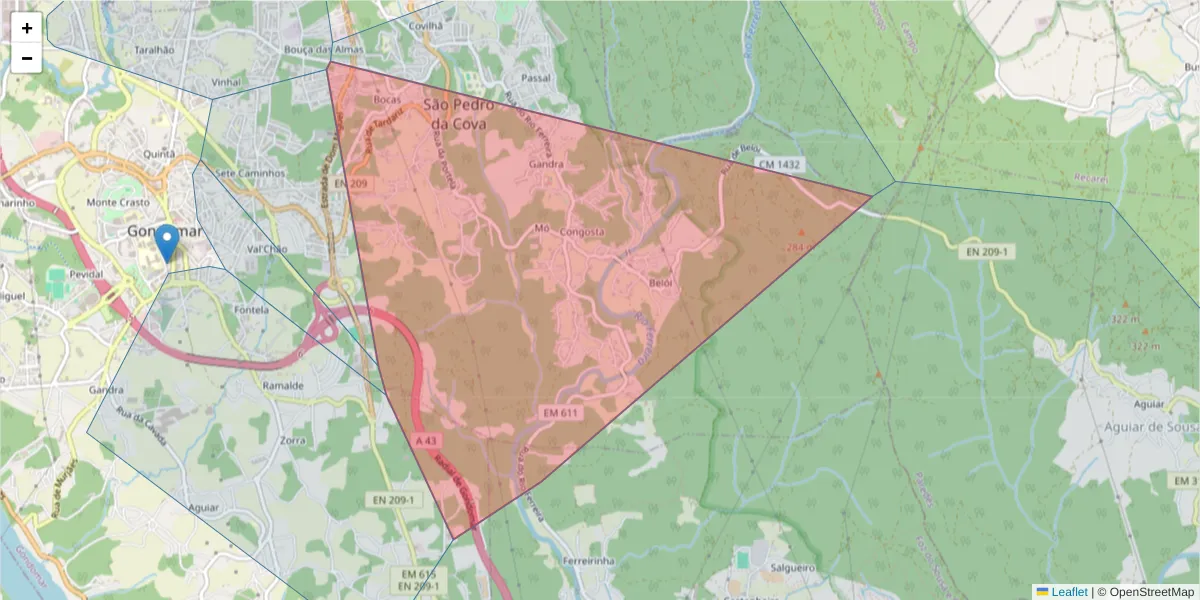 Mapa detalhado do código postal 4510-398 com limites, códigos postais vizinhos e agências dos correios
