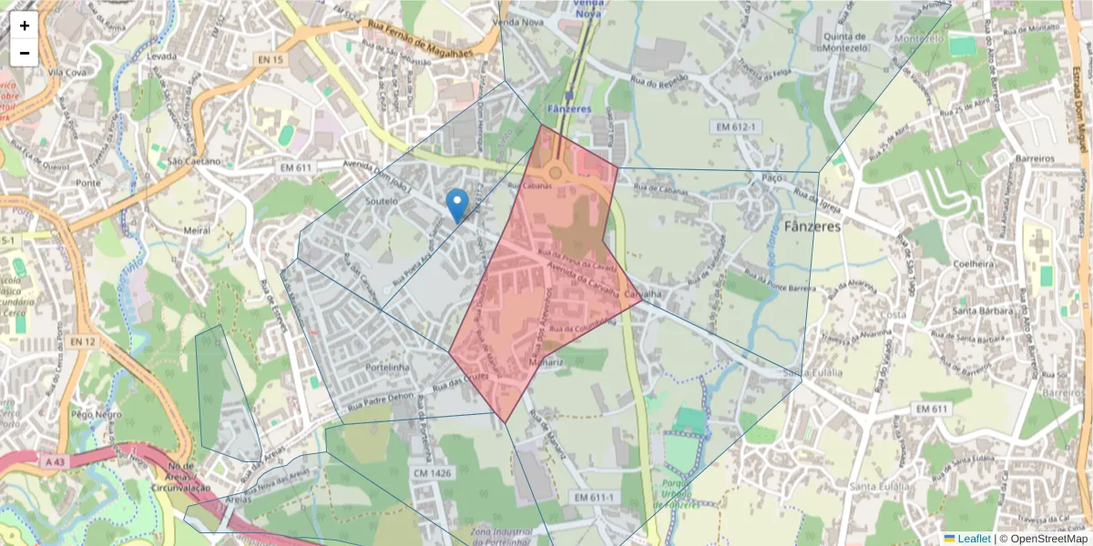 Mapa detalhado do código postal 4510-518 com limites, códigos postais vizinhos e agências dos correios
