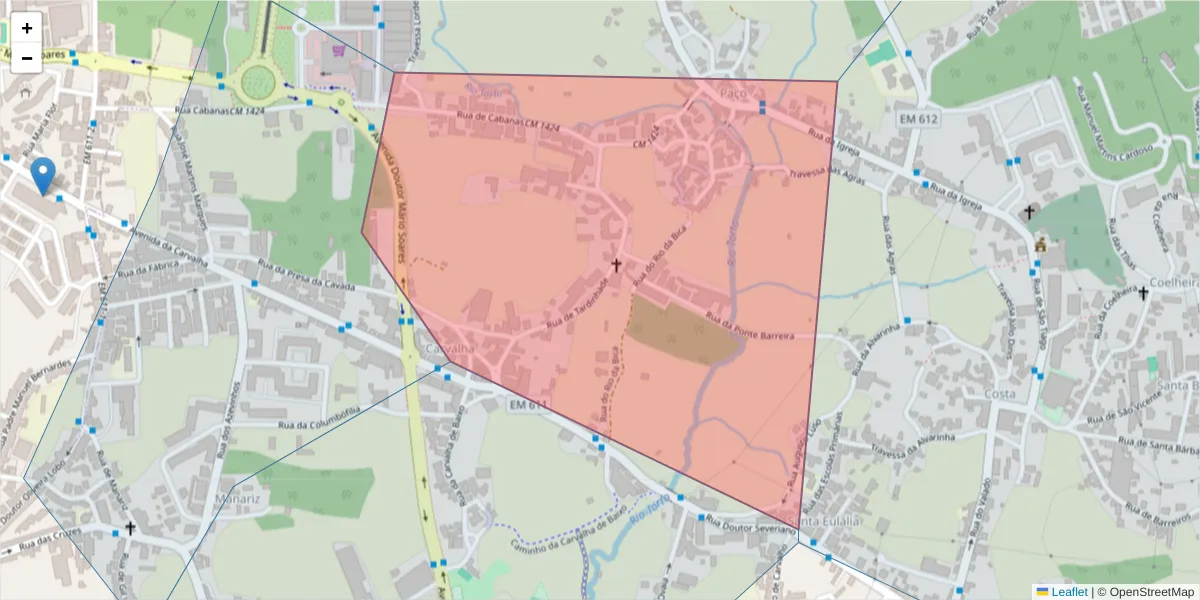 Mapa detalhado do código postal 4510-640 com limites, códigos postais vizinhos e agências dos correios