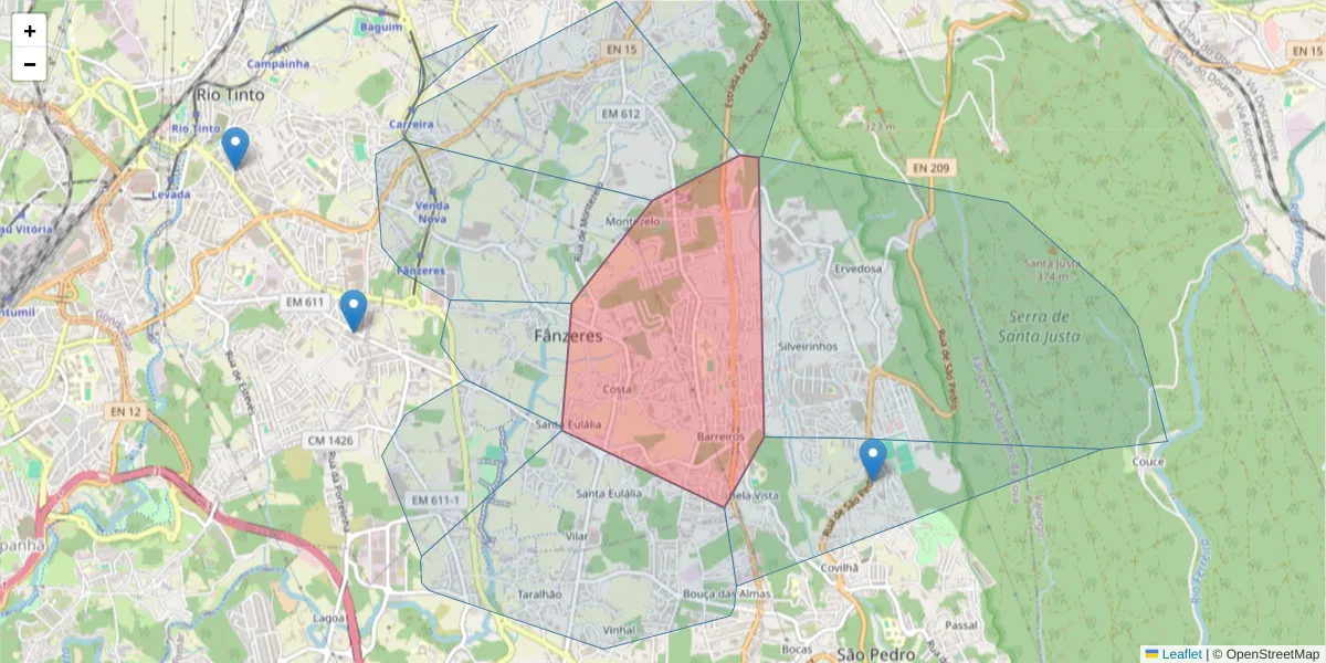 Mapa detalhado do código postal 4510-671 com limites, códigos postais vizinhos e agências dos correios