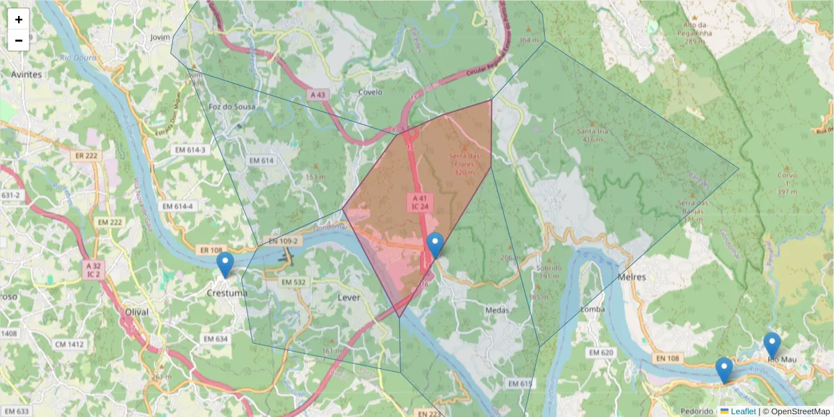 Mapa detalhado do código postal 4515-345 com limites, códigos postais vizinhos e agências dos correios