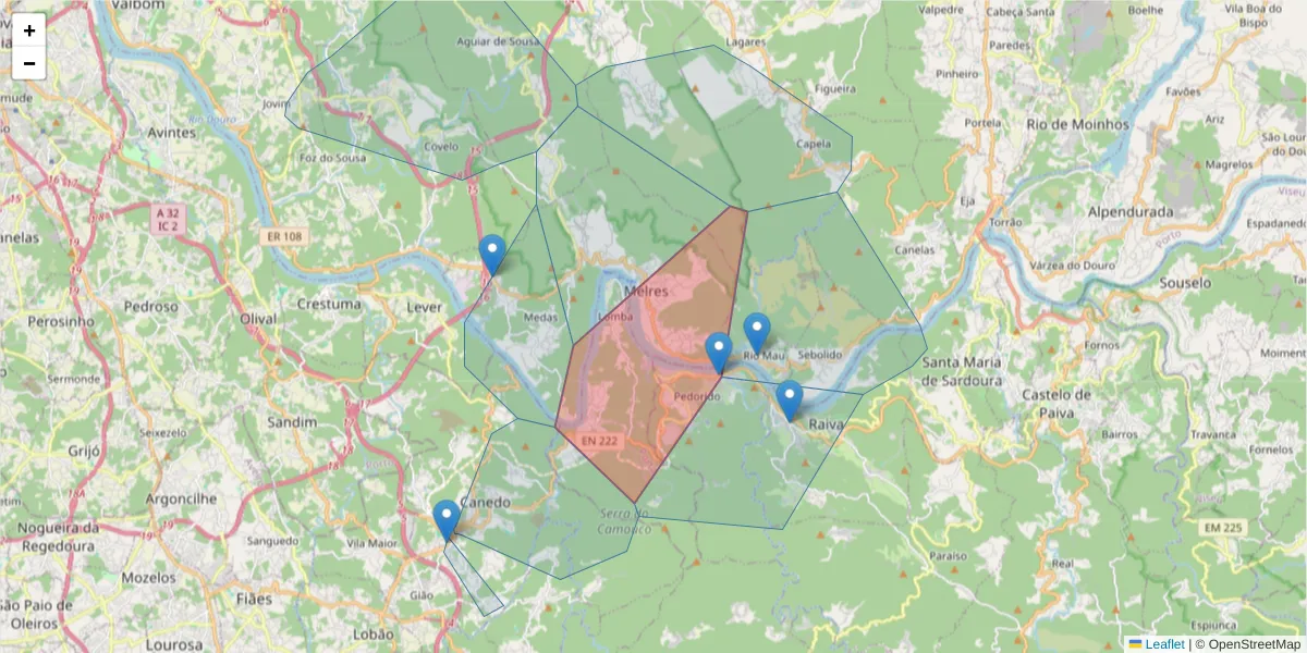 Mapa detalhado do código postal 4515-462 com limites, códigos postais vizinhos e agências dos correios