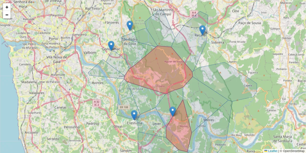 Mapa detalhado do código postal 4515 com limites, códigos postais vizinhos e agências dos correios