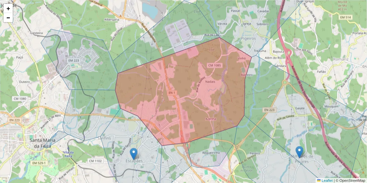 Mapa detalhado do código postal 4520-025 com limites, códigos postais vizinhos e agências dos correios