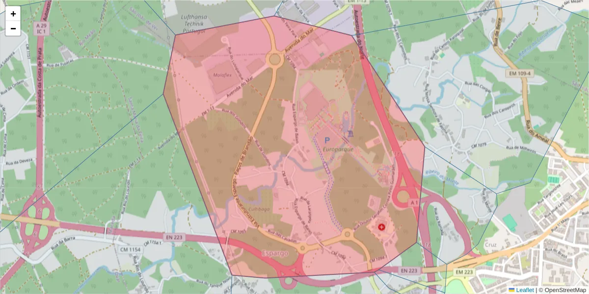 Mapa detalhado do código postal 4520-103 com limites, códigos postais vizinhos e agências dos correios