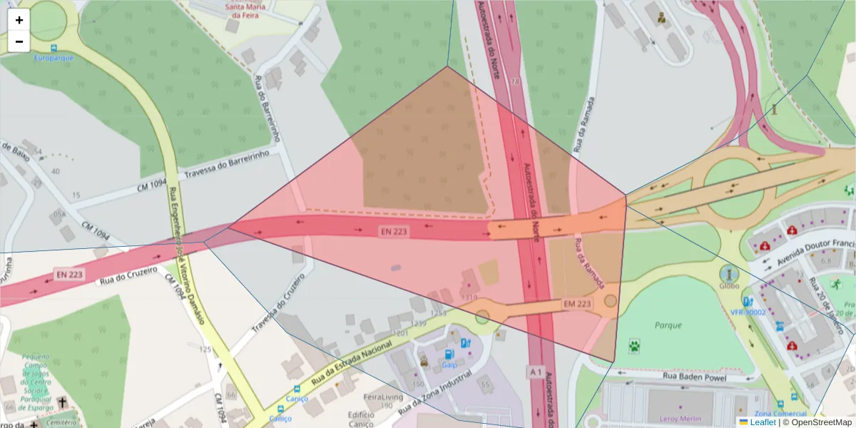 Mapa detalhado do código postal 4520-105 com limites, códigos postais vizinhos e agências dos correios