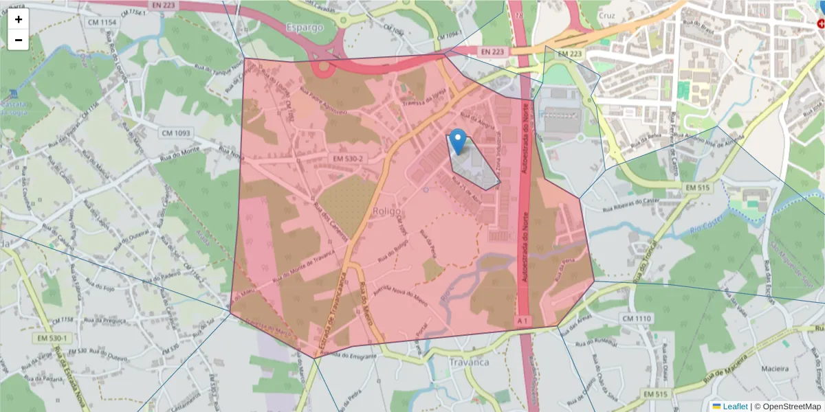 Mapa detalhado do código postal 4520-115 com limites, códigos postais vizinhos e agências dos correios