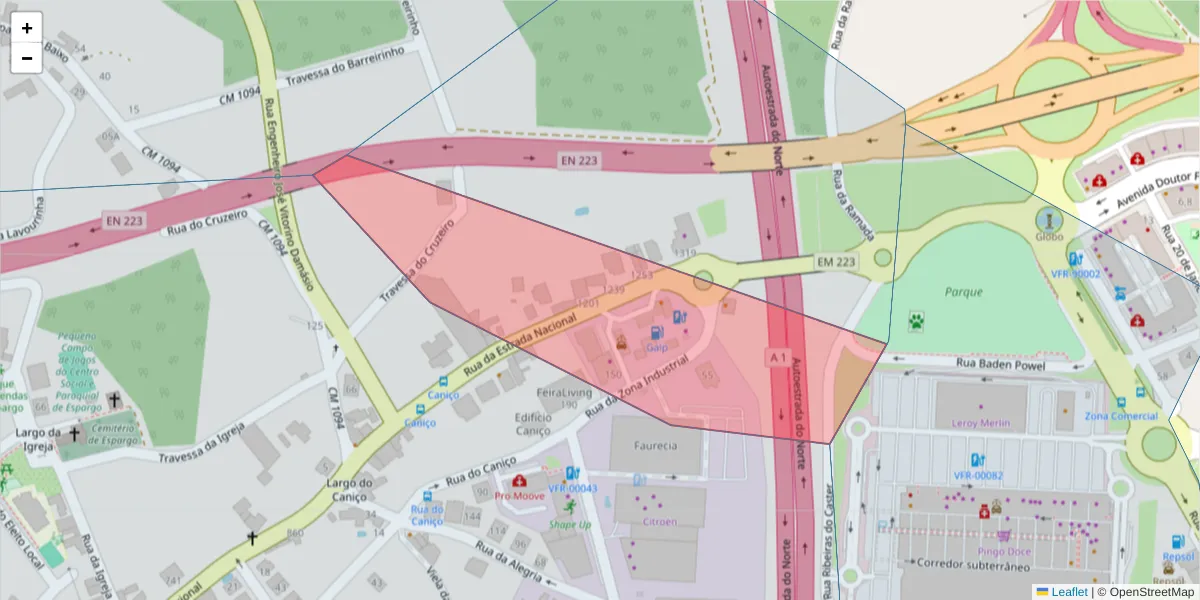 Mapa detalhado do código postal 4520-124 com limites, códigos postais vizinhos e agências dos correios