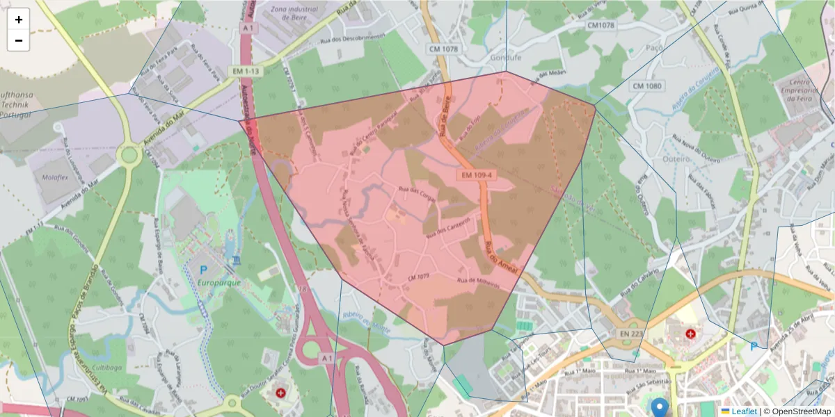 Mapa detalhado do código postal 4520-155 com limites, códigos postais vizinhos e agências dos correios