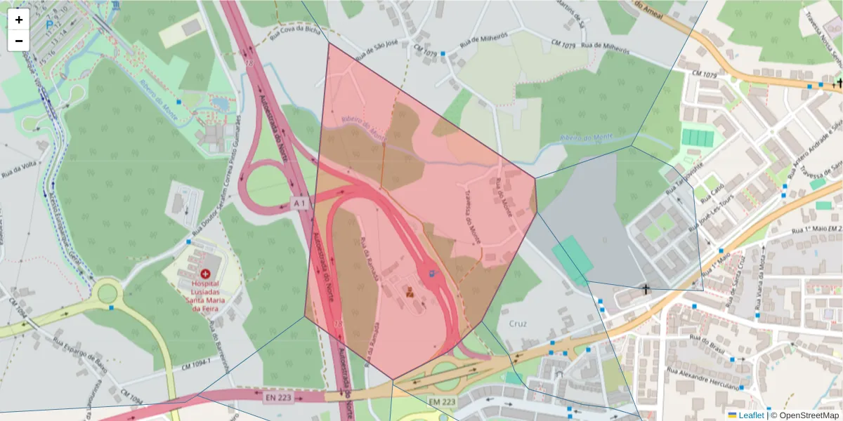 Mapa detalhado do código postal 4520-158 com limites, códigos postais vizinhos e agências dos correios