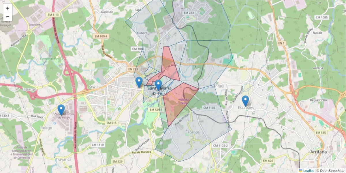 Mapa detalhado do código postal 4520-161 com limites, códigos postais vizinhos e agências dos correios