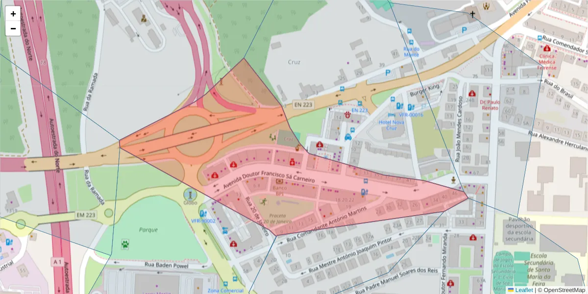 Mapa detalhado do código postal 4520-164 com limites, códigos postais vizinhos e agências dos correios