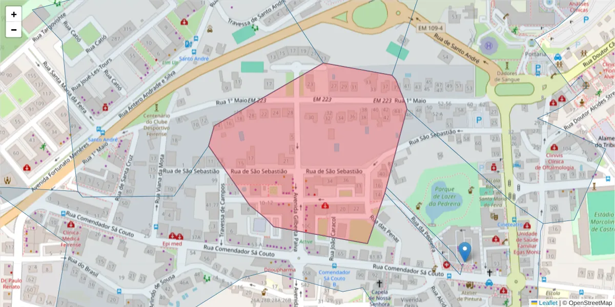 Mapa detalhado do código postal 4520-169 com limites, códigos postais vizinhos e agências dos correios
