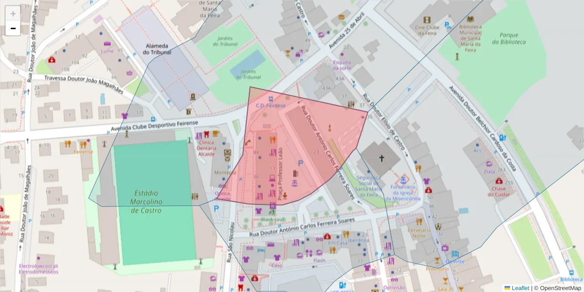 Mapa detalhado do código postal 4520-173 com limites, códigos postais vizinhos e agências dos correios