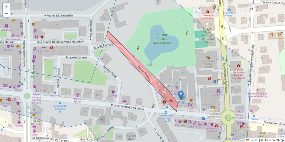 Mapa detalhado do código postal 4520-190 com limites, códigos postais vizinhos e agências dos correios