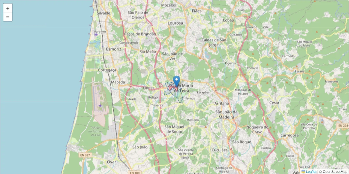 Mapa detalhado do código postal 4520-192 com limites, códigos postais vizinhos e agências dos correios