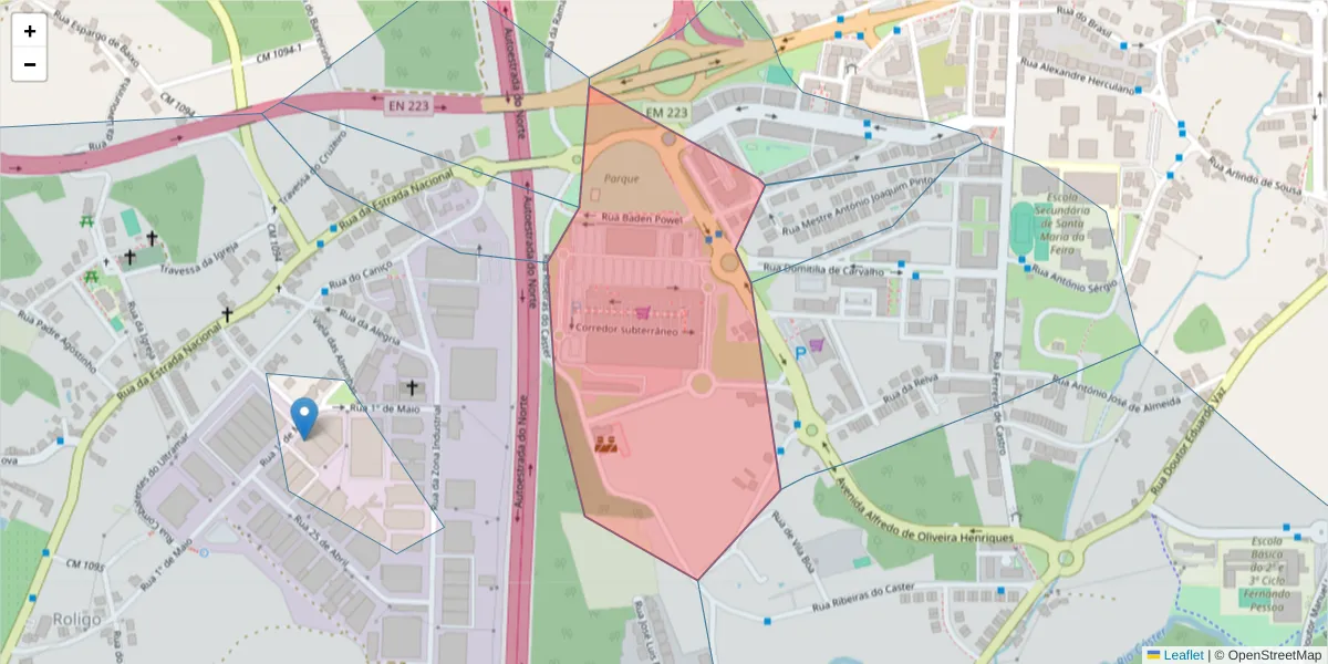 Mapa detalhado do código postal 4520-195 com limites, códigos postais vizinhos e agências dos correios