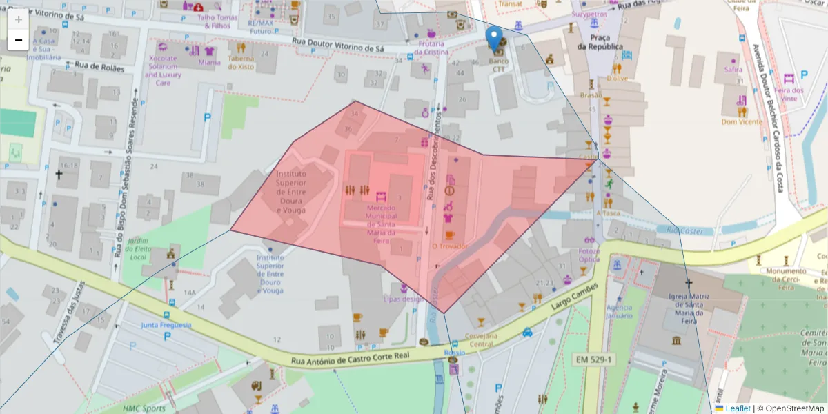 Mapa detalhado do código postal 4520-201 com limites, códigos postais vizinhos e agências dos correios