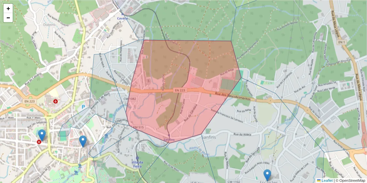 Mapa detalhado do código postal 4520-206 com limites, códigos postais vizinhos e agências dos correios