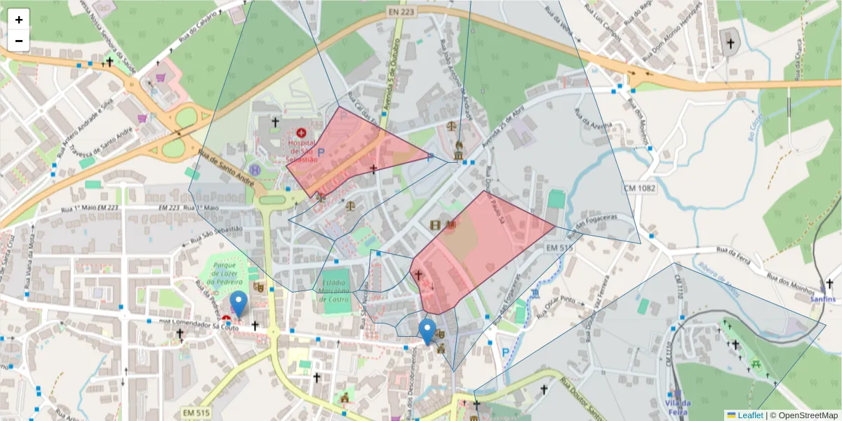 Mapa detalhado do código postal 4520-213 com limites, códigos postais vizinhos e agências dos correios