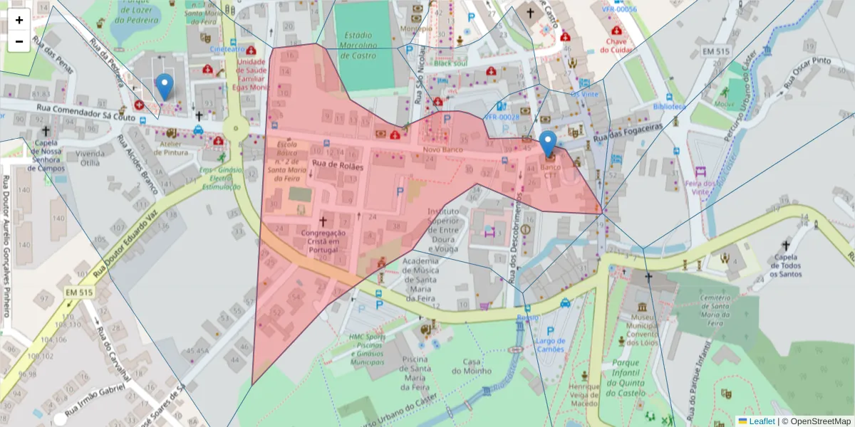 Mapa detalhado do código postal 4520-223 com limites, códigos postais vizinhos e agências dos correios