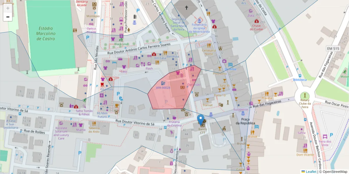 Mapa detalhado do código postal 4520-234 com limites, códigos postais vizinhos e agências dos correios